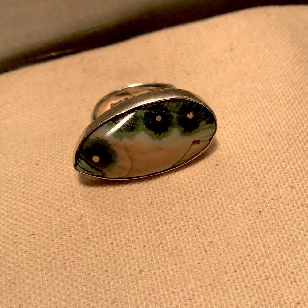 RARE Charles Albert carved Sea Agate Fish Ring - Sterling Silver size 8